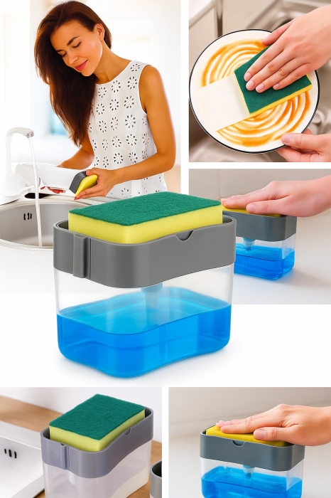 Dozator detergent lichid 2 în 1 cu suport burete 400 ml chiuvetă bucătărie [2]