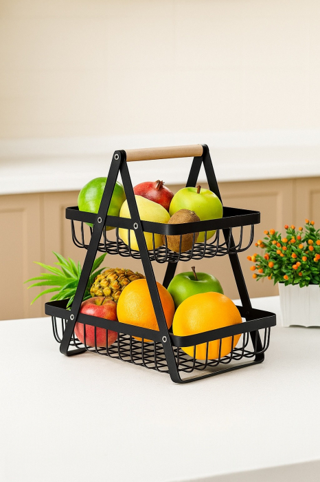 Etajeră metalică 2 nivele cu mâner lemn pentru fructe și pâine [1]