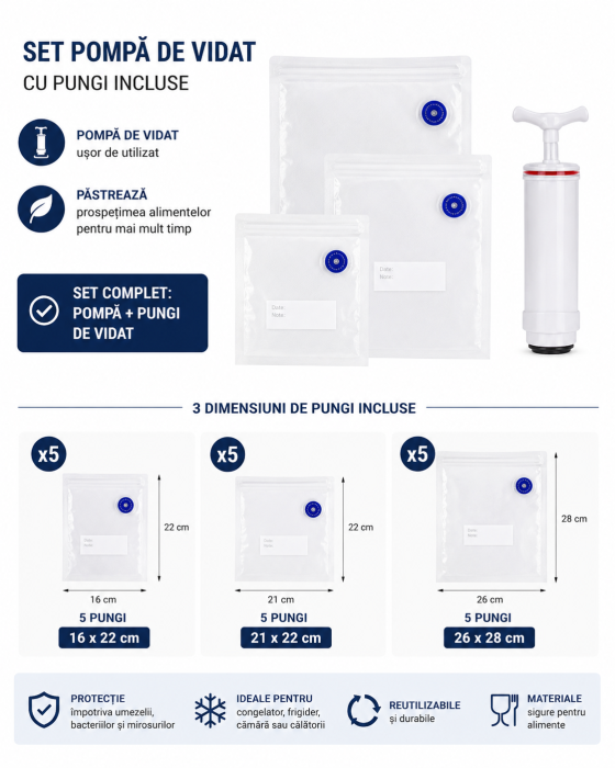 Set pungi reutilizabile pentru vidat cu pompă manuală pentru alimente [4]