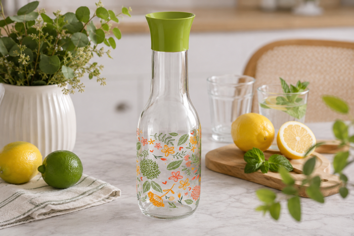 Carafa Din Sticla 1L Cu Capac Pentru Apa Si Limonada Model Floral Verde [4]