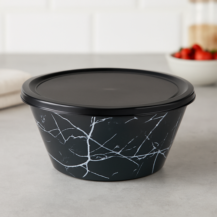 Bol negru cu capac și decor marmorat din plastic rezistent 4.6L [3]