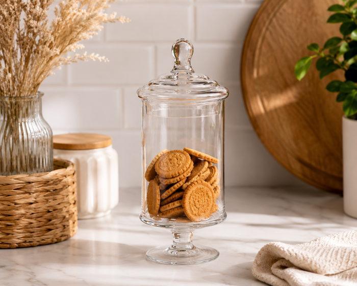 Borcan Decorativ Din Sticla Cu Capac Si Picior Pentru Biscuiti Dulciuri Sau Organizare 28 Cm [6]