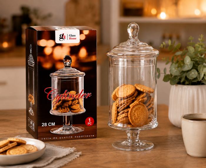 Borcan Decorativ Din Sticla Cu Capac Si Picior Pentru Biscuiti Dulciuri Sau Organizare 28 Cm [5]
