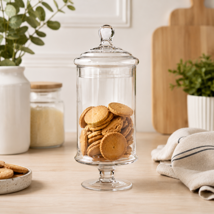 Borcan Decorativ Din Sticla Cu Capac Si Picior Pentru Biscuiti Dulciuri Sau Organizare 28 Cm [2]