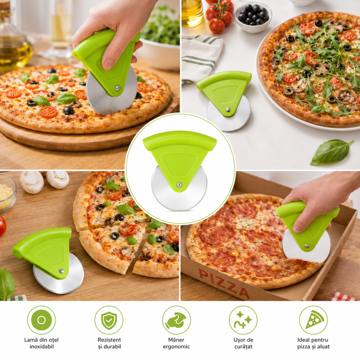 Cutter pizza inox cu mâner verde ergonomic – rotiță pentru tăiat pizza și aluaturi [3]