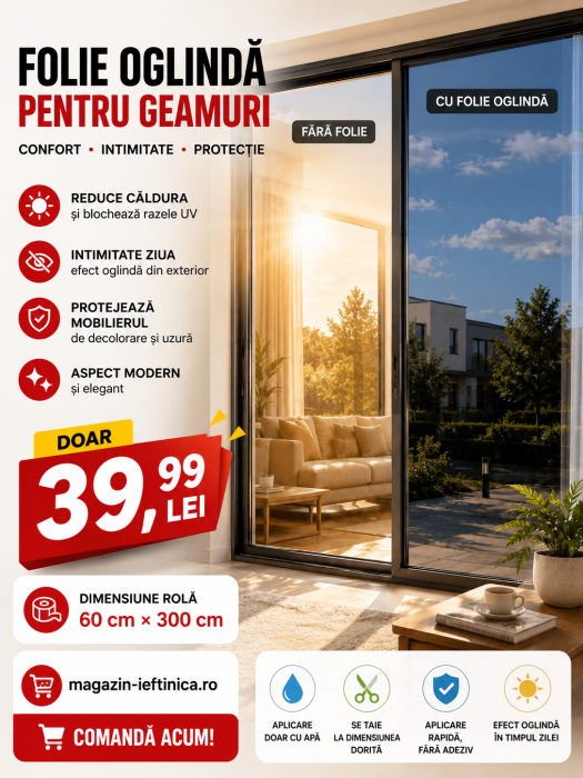 Folie oglindă pentru geamuri 60 x 300 cm cu protecție solară [10]