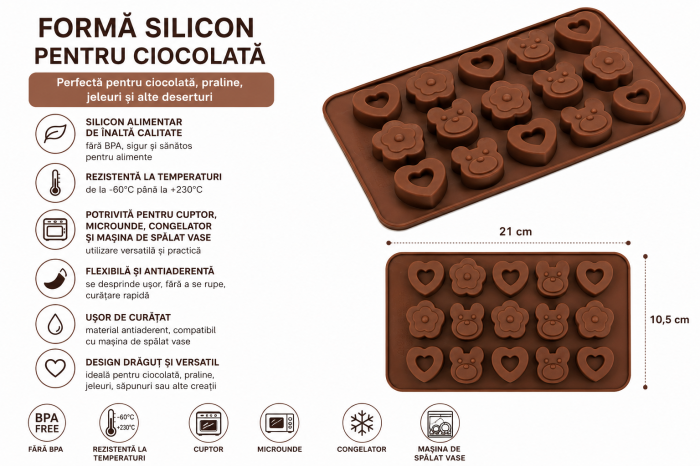 Formă din silicon pentru ciocolată și praline – Ursuleți, flori și inimioare [3]