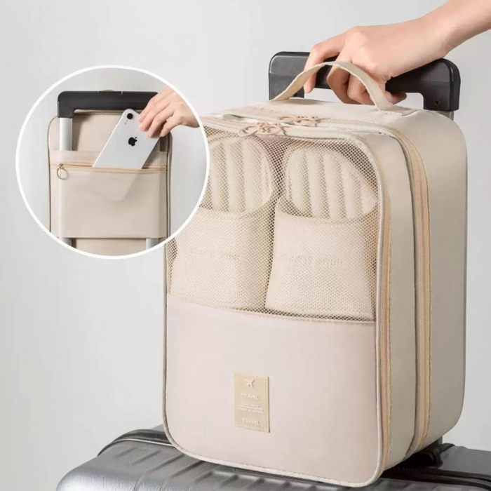 Husă voiaj încălțăminte crem 3 compartimente plasă aerisire textil rezistent [2]