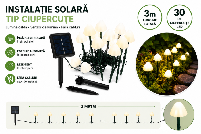 Instalație Solară LED Tip Ciupercuțe 30 LED 3m Lumină Caldă pentru Grădină [4]