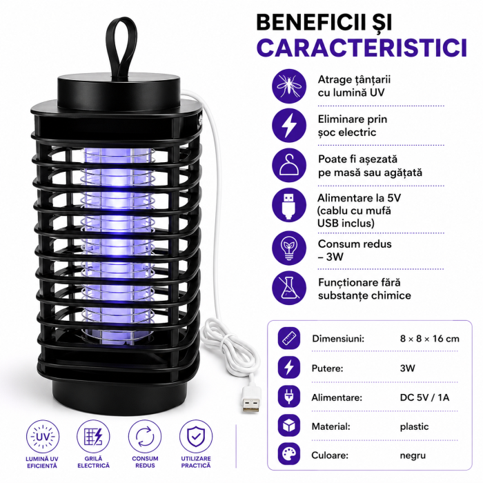 Lampă electrică anti țânțari cu lumină UV și alimentare USB 5V [3]