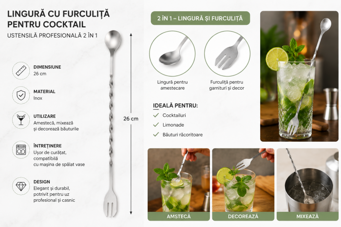 Lingură de bar 2 în 1 cu furculiță din inox 26 cm pentru cocktail [3]
