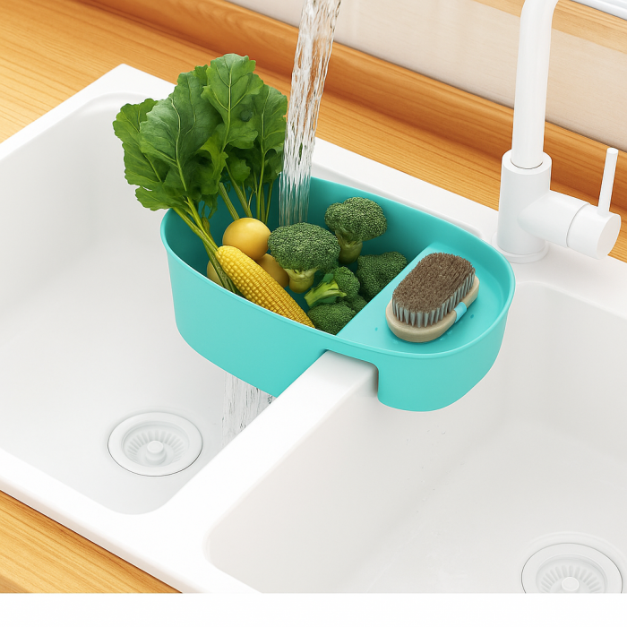 Organizator chiuvetă 2 în 1 cu sită scurgere și suport lateral pentru legume și bureți [3]