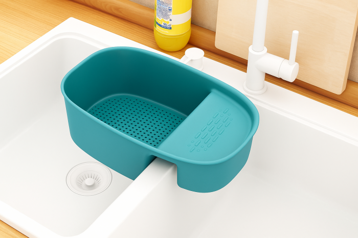 Organizator chiuvetă 2 în 1 cu sită scurgere și suport lateral pentru legume și bureți [4]