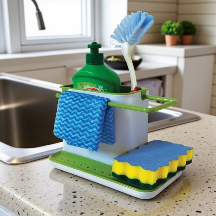 Organizator chiuvetă alb-verde cu suport pentru bureți, detergent și lavetă [2]