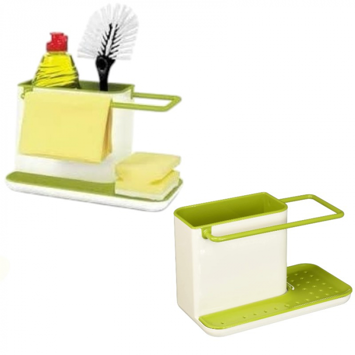 Organizator chiuvetă alb-verde cu suport pentru bureți, detergent și lavetă [3]