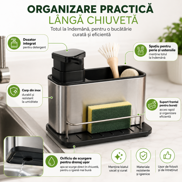 Organizator chiuvetă cu dozator detergent și suport bureți [5]