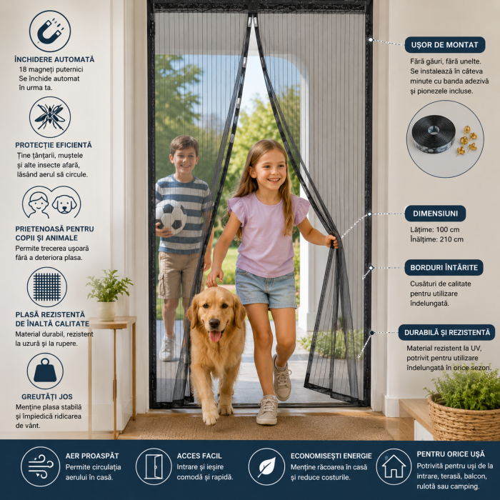 Perdea Plasă Anti-Insecte Magnetică pentru Ușă 100x210 cm Neagră [5]