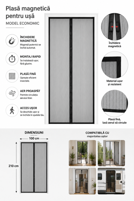 Plasă magnetică pentru ușă 100x210 cm neagră cu închidere automată [2]