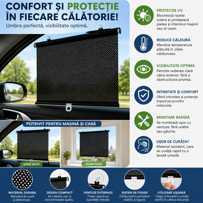 Rulou parasolar retractabil cu ventuze pentru geam auto și casă 45-58-68x125 cm [4]
