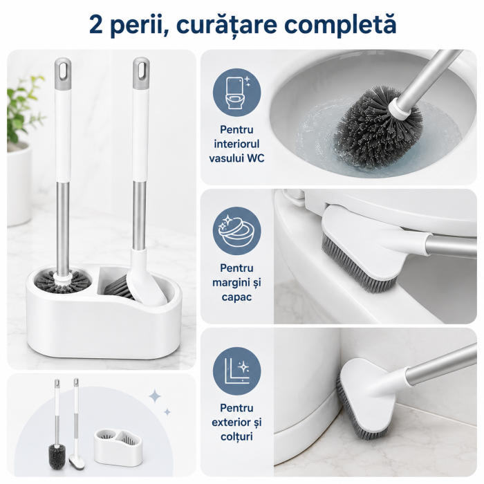 Set 2 în 1 pentru curățarea toaletei cu 2 perii și suport alb [5]