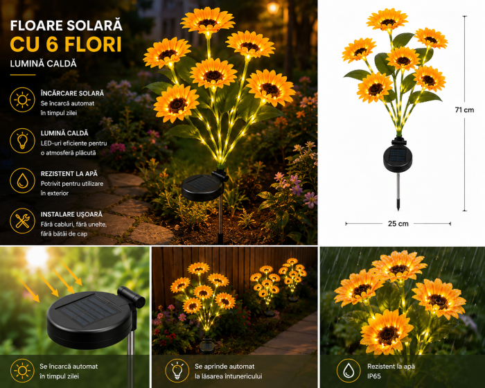 Set 2 lămpi solare Floarea Soarelui cu 6 flori și lumină caldă [4]