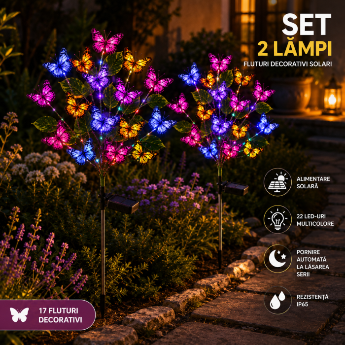 Set 2 lămpi solare decorative cu fluturi pentru grădină, 17 fluturi/lampă [8]