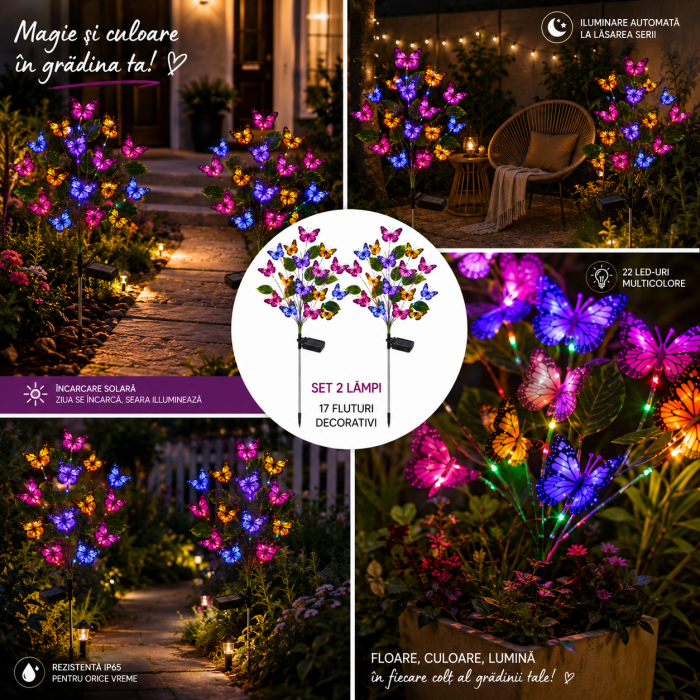 Set 2 lămpi solare decorative cu fluturi pentru grădină, 17 fluturi/lampă [9]