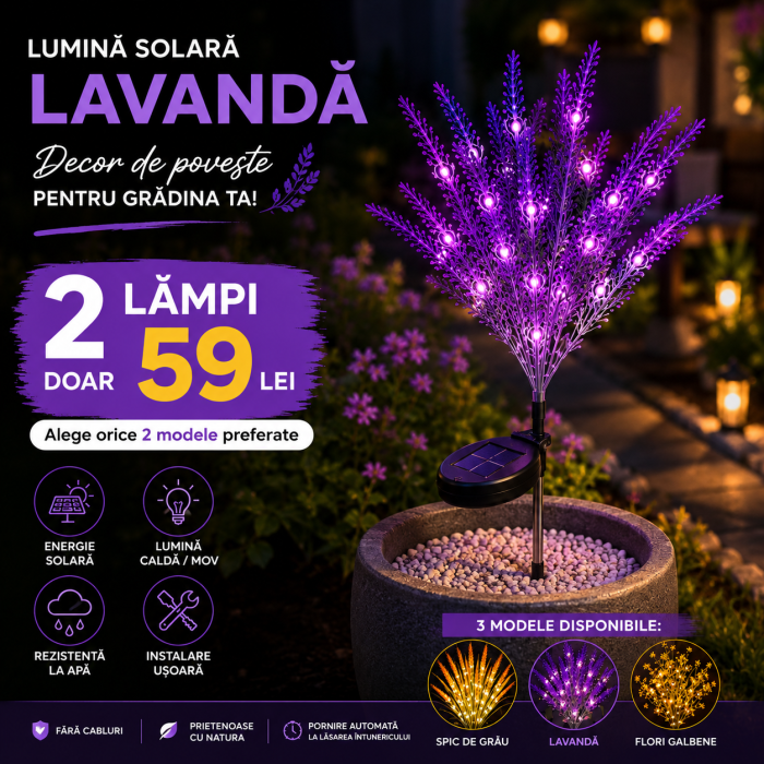 Set 2 Lămpi Solare Decorative pentru Grădină - Spic de Grâu, Lavandă și Flori Galbene [3]
