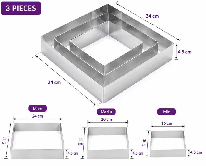 Set 3 Forme Patrate pentru Tort si Prajituri din Inox 16 20 24 cm [2]