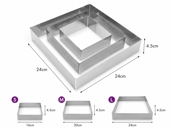 Set 3 Forme Patrate pentru Tort si Prajituri din Inox 16 20 24 cm [4]