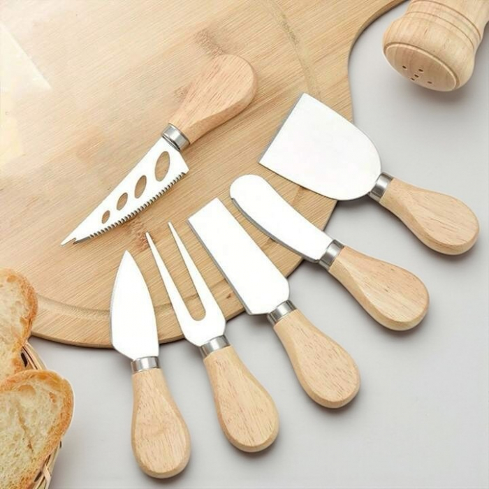 Set 5 ustensile brânzeturi inox lemn cuțite furculiță servire platouri [2]