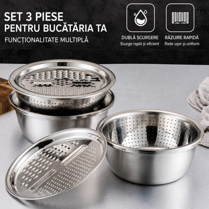 Set multifuncțional inox cu bol, strecurătoare și răzătoare [7]