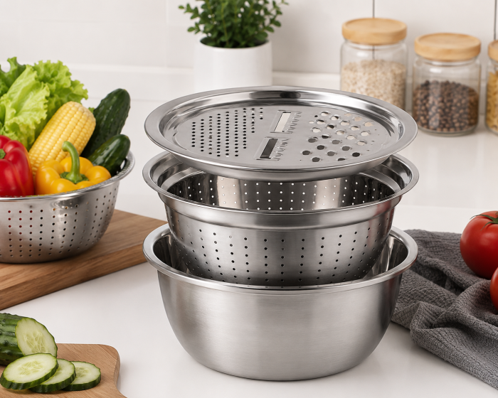 Set multifuncțional inox cu bol, strecurătoare și răzătoare [4]