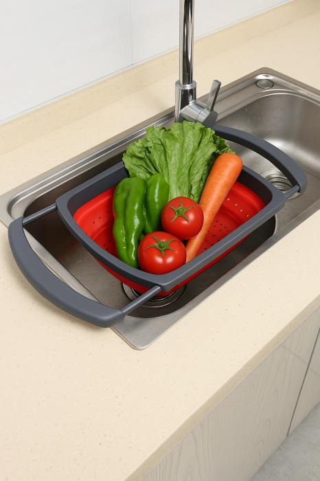 Strecurătoare extensibilă pliabilă silicon roșu 60 cm pentru chiuvetă fructe legume paste [3]