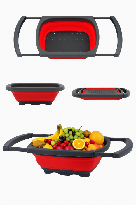 Strecurătoare extensibilă pliabilă silicon roșu 60 cm pentru chiuvetă fructe legume paste [1]