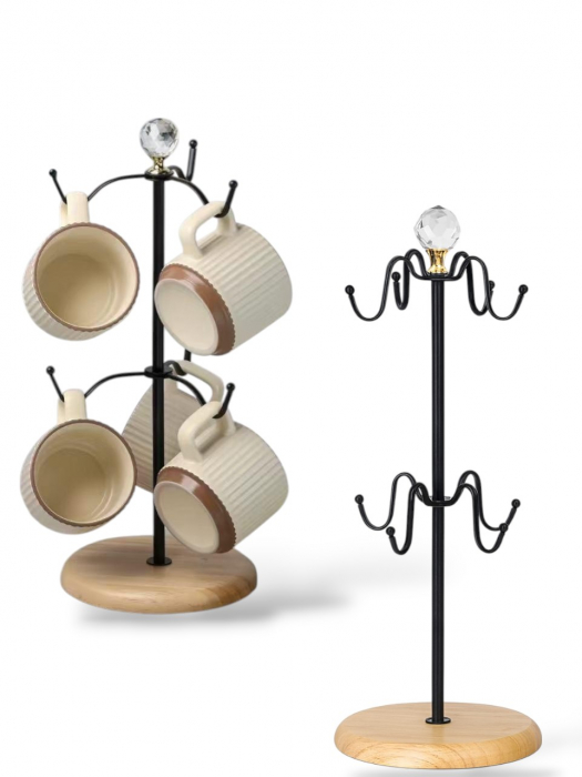 Suport căni din lemn și metal cu 6 cârlige pentru colțul de cafea [1]