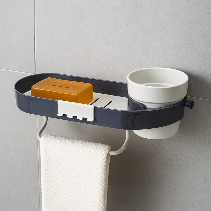 Suport de Perete Multifuncțional pentru Baie cu Tavă, Pahar și Cârlige Laterale [3]