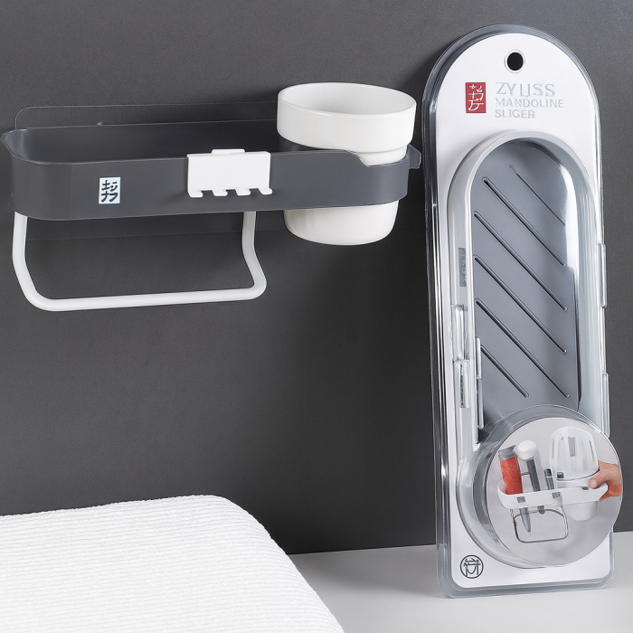 Suport de Perete Multifuncțional pentru Baie cu Tavă, Pahar și Cârlige Laterale [2]