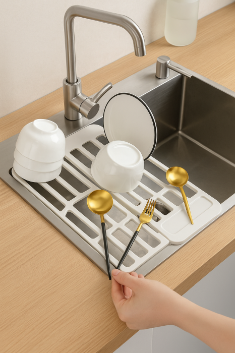 Suport extensibil pentru vase și chiuvetă – scurgător multifuncțional alb [4]