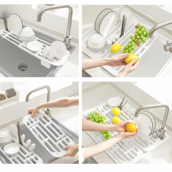 Suport extensibil pentru vase și chiuvetă – scurgător multifuncțional alb [3]