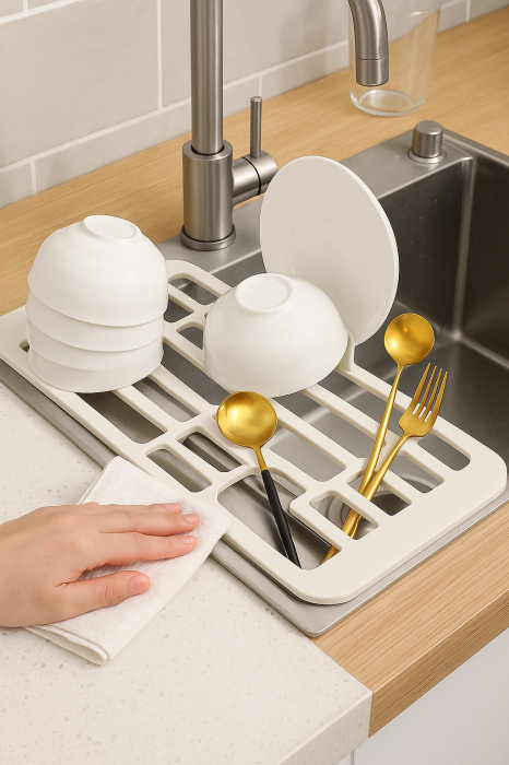 Suport extensibil pentru vase și chiuvetă – scurgător multifuncțional alb [2]