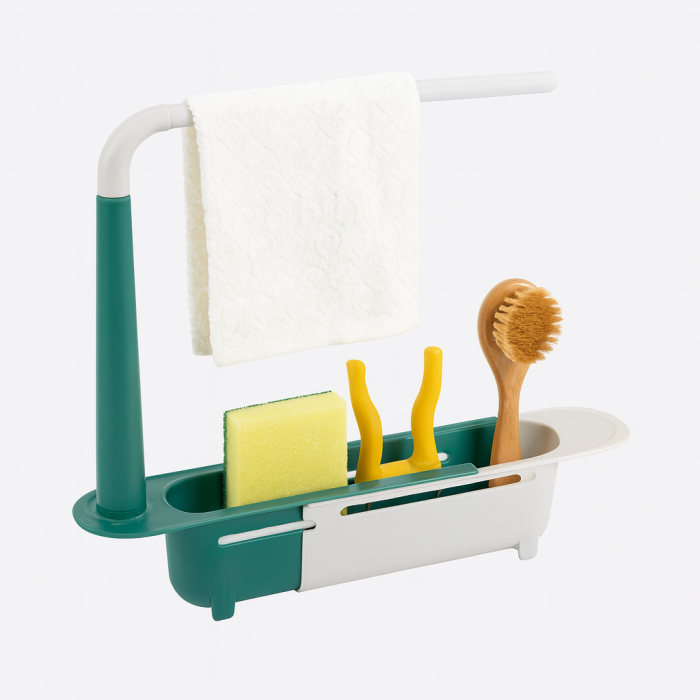 Suport extensibil pentru chiuvetă cu bară lavete și compartimente organizare [4]