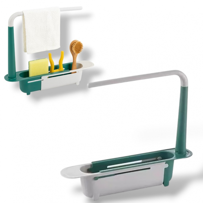 Suport extensibil pentru chiuvetă cu bară lavete și compartimente organizare [1]