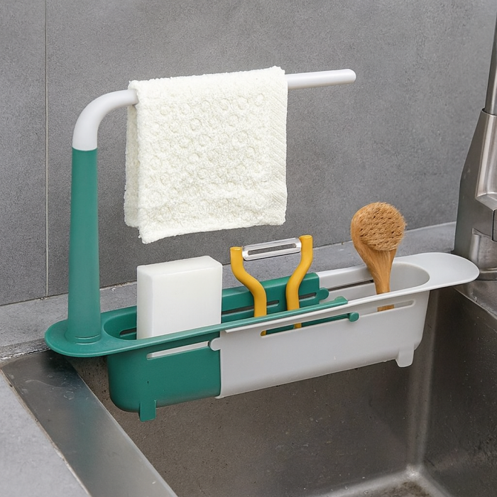 Suport extensibil pentru chiuvetă cu bară lavete și compartimente organizare [3]