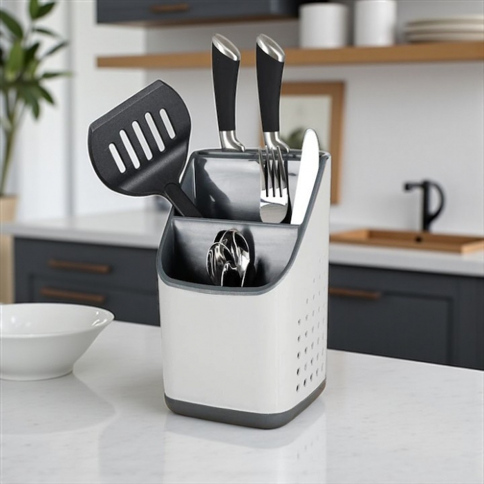 Suport organizator tacâmuri și ustensile alb-gri cu compartimente multiple [3]