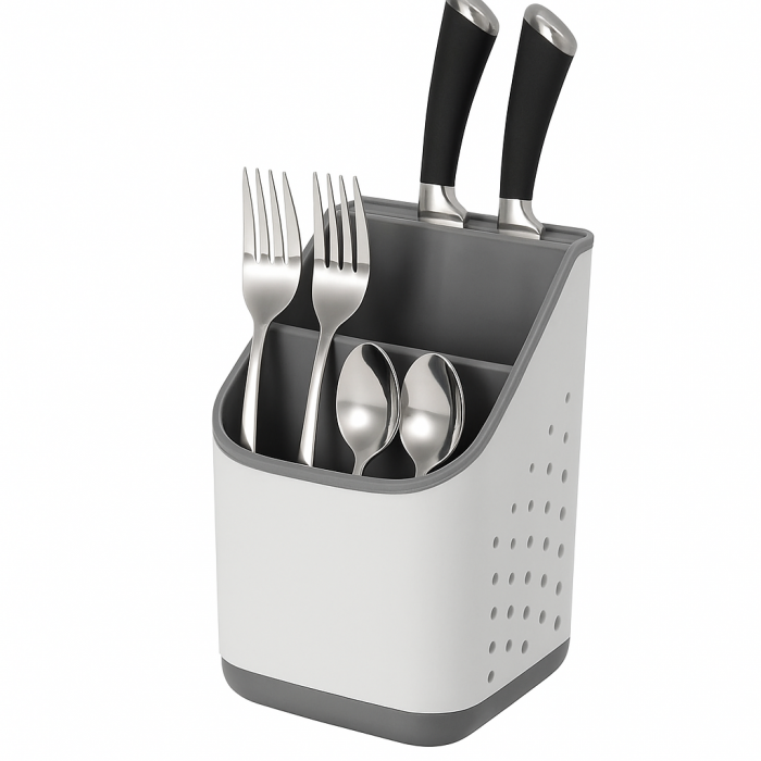 Suport organizator tacâmuri și ustensile alb-gri cu compartimente multiple [2]