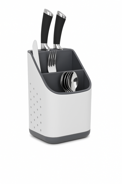 Suport organizator tacâmuri și ustensile alb-gri cu compartimente multiple [5]