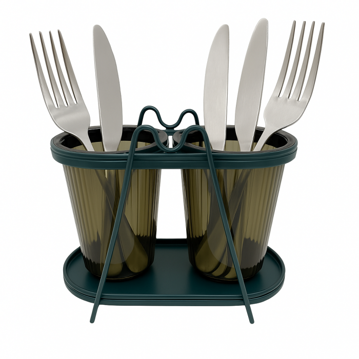 Suport tacâmuri metalic cu pahare plastic – organizator bucătărie 2 compartimente [1]