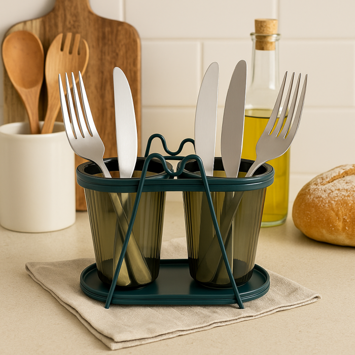 Suport tacâmuri metalic cu pahare plastic – organizator bucătărie 2 compartimente [2]