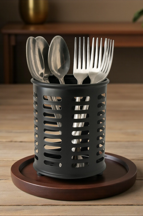 Suport tacâmuri metalic cilindric perforat negru mat [3]